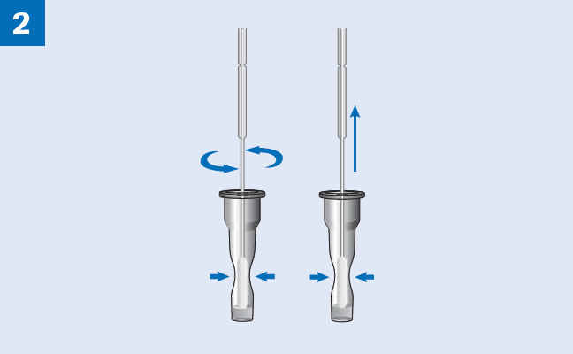 La muestra se disuelve en el tubo de extracción, se retira el hisopo y se cierra el tubo de extracción con el tapón.